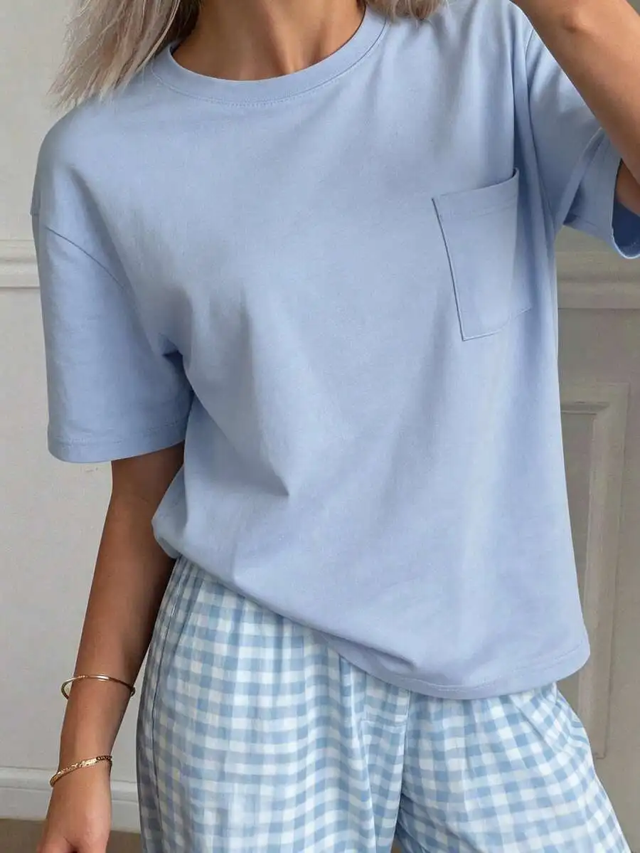 Minimalist Round Neck Cotton T-Shirt And Plaid Pants Pajama Set For Women
Minimalist Round Neck Cotton T-Shirt And Plaid Pants Pajama Set For Women