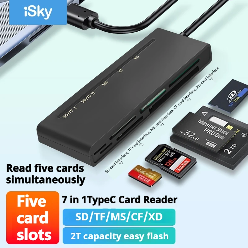 Док-станция iSky 7-в-1 для чтения карт USB Type-C Hub 5 Гбит/с Высокоскоростная передача Док-станция для чтения карт SD/TF/MS/CF/XD
Док-станция iSky 7-в-1 для чтения карт USB Type-C Hub 5 Гбит/с Высокоскоростная передача Док-станция для чтения карт SD/TF/MS/CF/XD