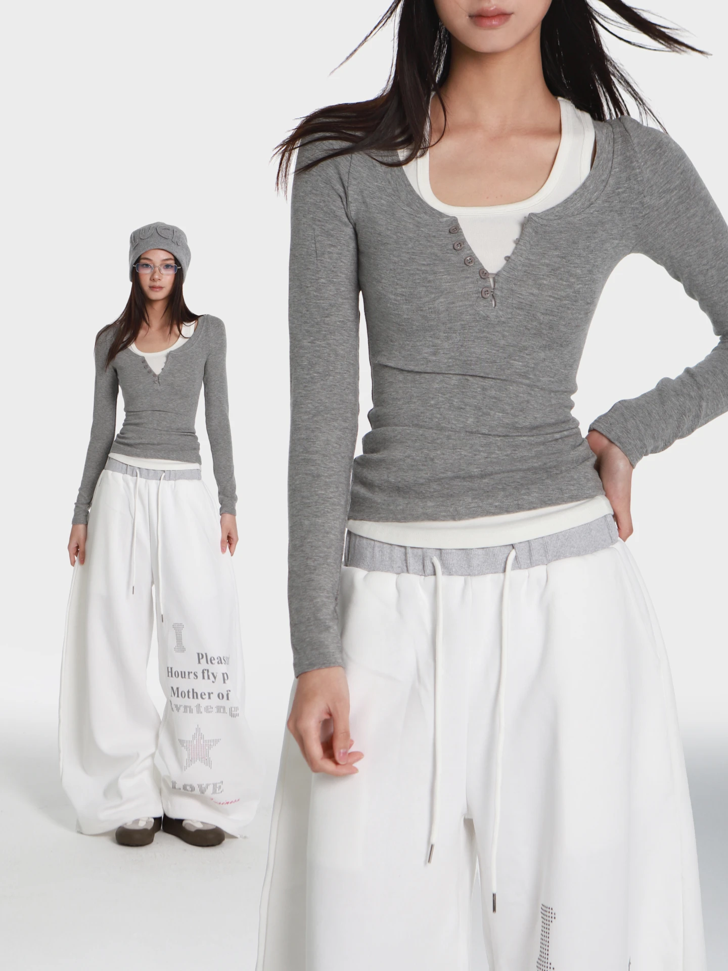 Lin Xiaohua Grey Layered Vest Two-Piece Set White Letter Print Sports Pants Dancing Long Trousers Women's Casual Fashion Set
Lin Xiaohua Grey Layered Vest Two-Piece Set White Letter Print Sports Pants Dancing Long Trousers Women's Casual Fashion Set