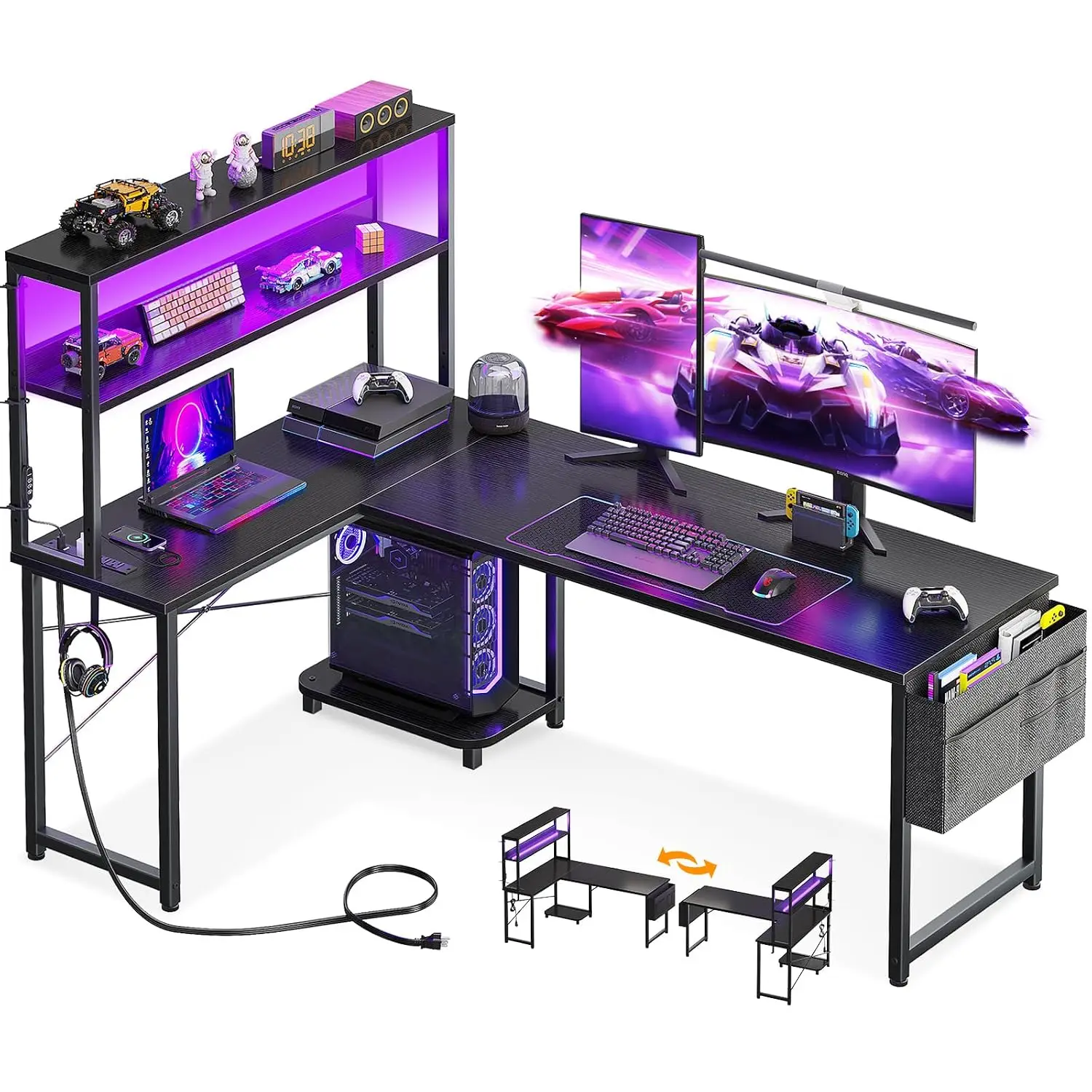 L Shaped Gaming Desk LED Light Power Outlet, 61 Inch Reversible Computer Table Shelf Storage Bag Hook Home Office, Customized
L Shaped Gaming Desk LED Light Power Outlet, 61 Inch Reversible Computer Table Shelf Storage Bag Hook Home Office, Customized