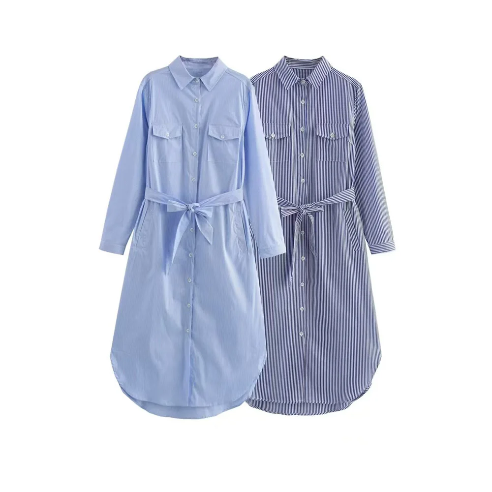 Dresses 2025 Women Summer Fashion Long Sleeve Mid Dress Casual Loose Elegant Lace Up Stripe Design Office Women Shirt Dresses
Dresses 2025 Women Summer Fashion Long Sleeve Mid Dress Casual Loose Elegant Lace Up Stripe Design Office Women Shirt Dresses 
