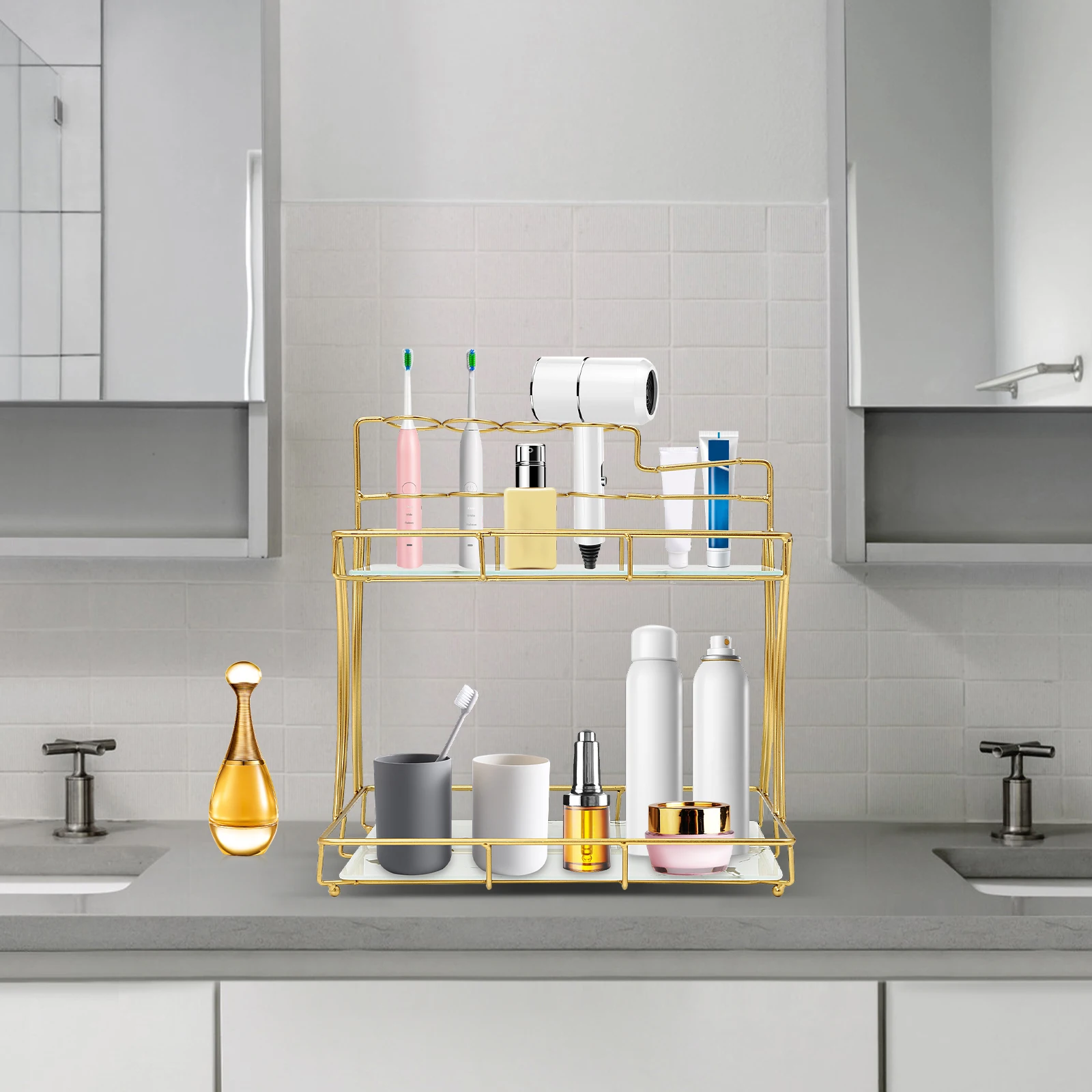 Bymaocar Golden Bathroom Skincare Shelf, 2-layer Detachable Storage Tray with Toothbrush Holder, Iron Kitchen Counter Decoration
Bymaocar Golden Bathroom Skincare Shelf, 2-layer Detachable Storage Tray with Toothbrush Holder, Iron Kitchen Counter Decoration