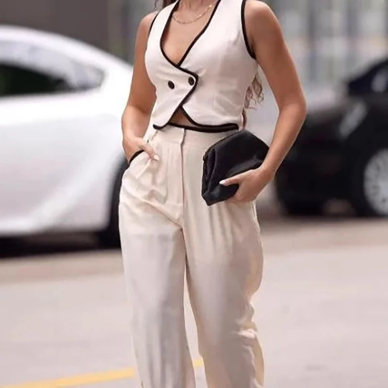 2025 V-neck Sleeveless Vest+Wide Leg Pants Set Fashion Single Breasted Top Matching Suit Fashion Contract Color Two Piece Outfit
2025 V-neck Sleeveless Vest+Wide Leg Pants Set Fashion Single Breasted Top Matching Suit Fashion Contract Color Two Piece Outfit