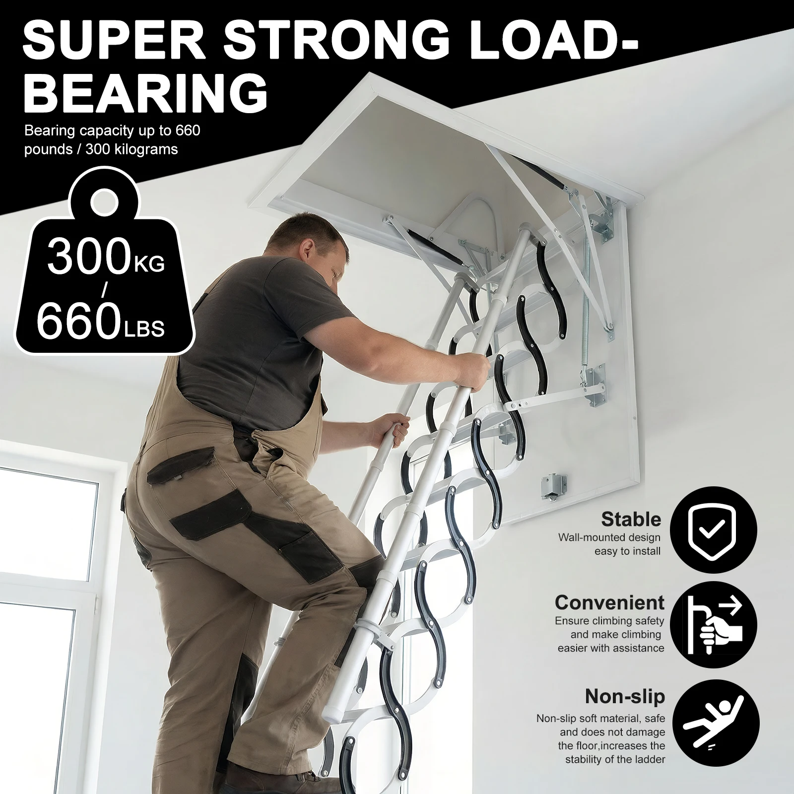 Carbon Steel Attic Staircases with Handrails Space-Saving Collapsible Stair 660LBS Capacity Pull Down System for Rough Opening
Carbon Steel Attic Staircases with Handrails Space-Saving Collapsible Stair 660LBS Capacity Pull Down System for Rough Opening