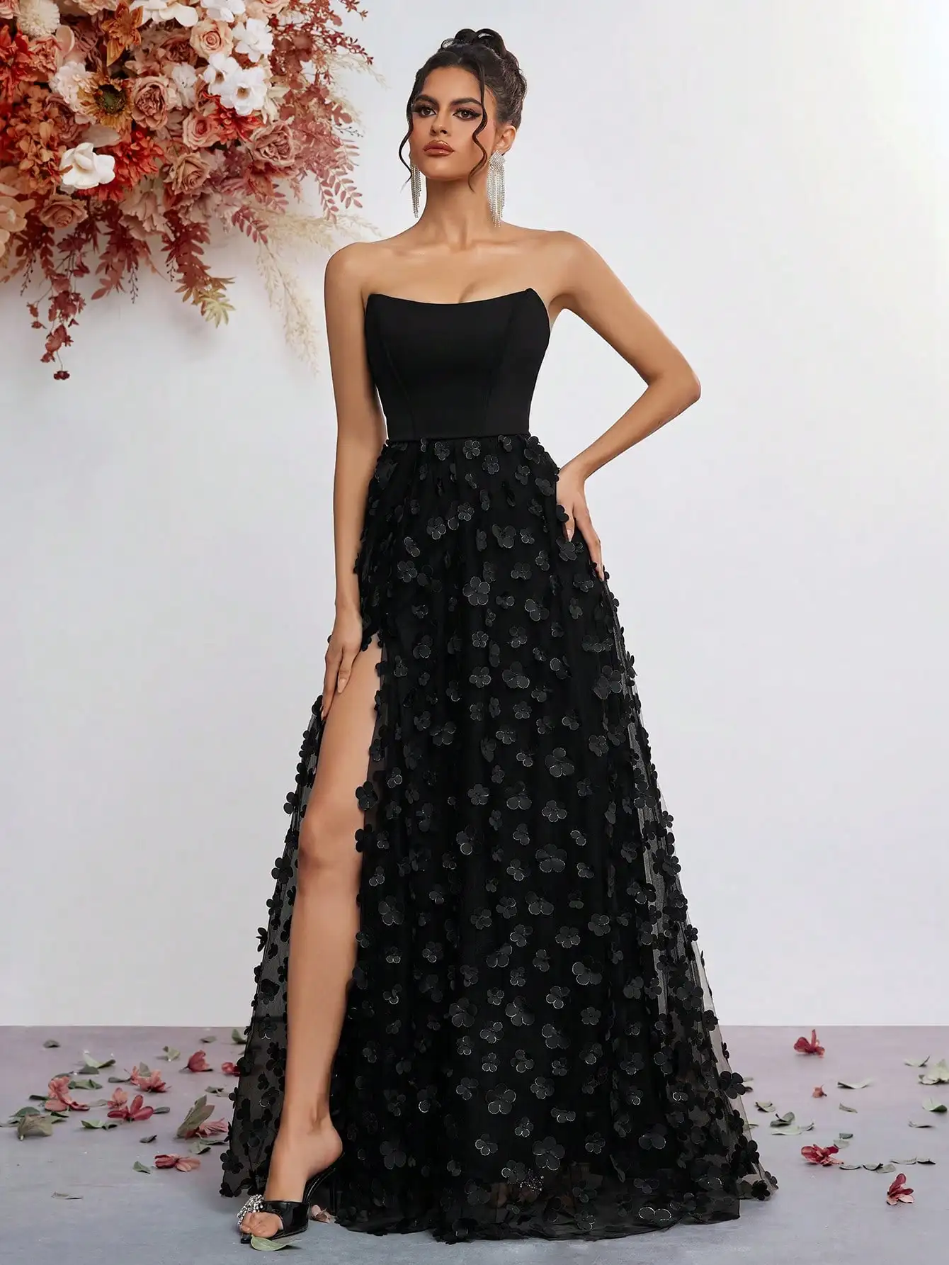 Strapless High Waist Tulle Skirt With Applique, Tie-Up, Slit, Party Formal Evening Gown Dress
Strapless High Waist Tulle Skirt With Applique, Tie-Up, Slit, Party Formal Evening Gown Dress