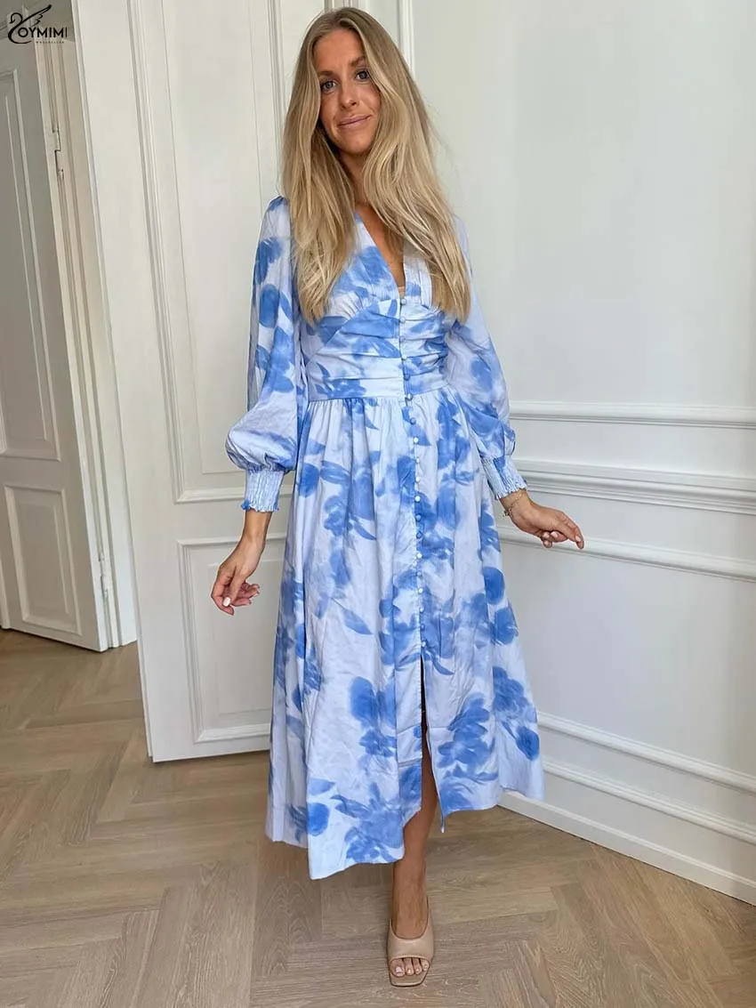 Oymimi Casual Blue Print Dresses 2025 Woman Fashion V-Neck Wrist Sleeve Single Breasted Dress Elegant High Waist Mid-Calf Dress
Oymimi Casual Blue Print Dresses 2025 Woman Fashion V-Neck Wrist Sleeve Single Breasted Dress Elegant High Waist Mid-Calf Dress