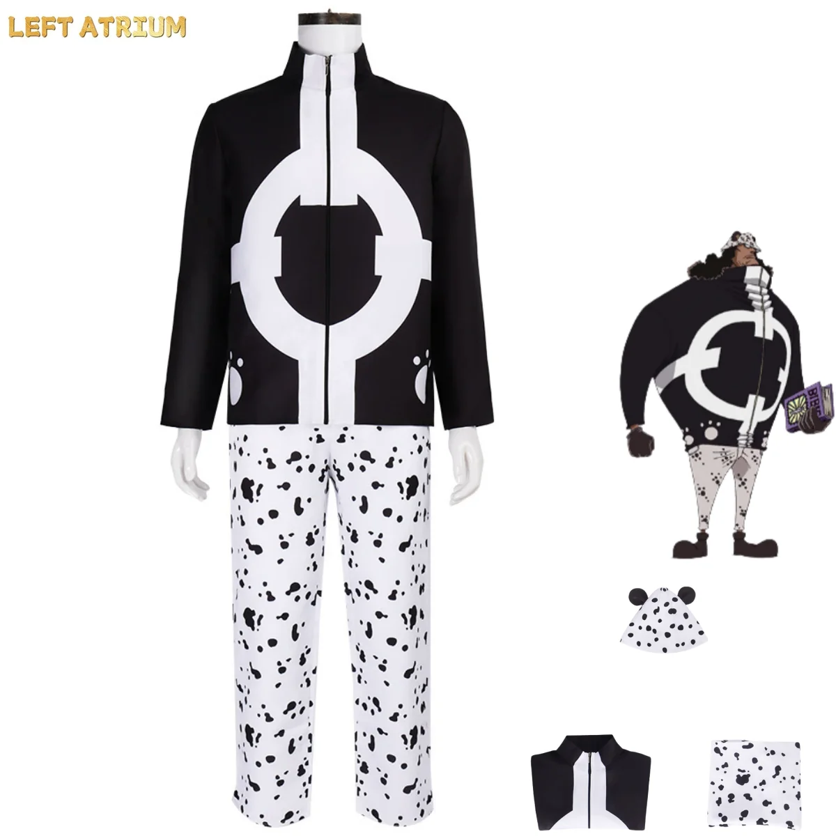 Anime Bartholemew Kuma Cosplay Costume Nikyu Nikyu No Mi Black Long Sleeves Coat Tops Spot Printing Pants Hat Man Halloween Suit
Anime Bartholemew Kuma Cosplay Costume Nikyu Nikyu No Mi Black Long Sleeves Coat Tops Spot Printing Pants Hat Man Halloween Suit