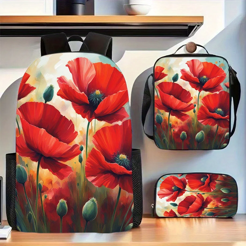 3pcs Bright Red Flowers Style Backpack Set with Adjustable Shoulder Straps, Polyester Lining, Zip Closure, Hand Wash, Suitable f
3pcs Bright Red Flowers Style Backpack Set with Adjustable Shoulder Straps, Polyester Lining, Zip Closure, Hand Wash, Suitable f