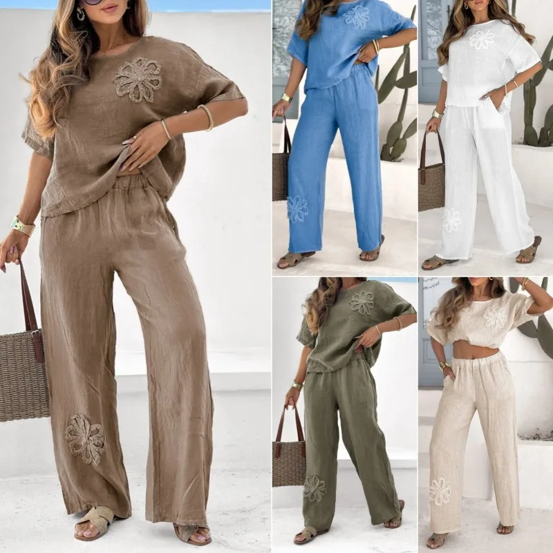 2pcs Set Women's Embroidered Casual Set High Waist Loose Long Pants Short Sleeve Top Summer Outfit
2pcs Set Women's Embroidered Casual Set High Waist Loose Long Pants Short Sleeve Top Summer Outfit
