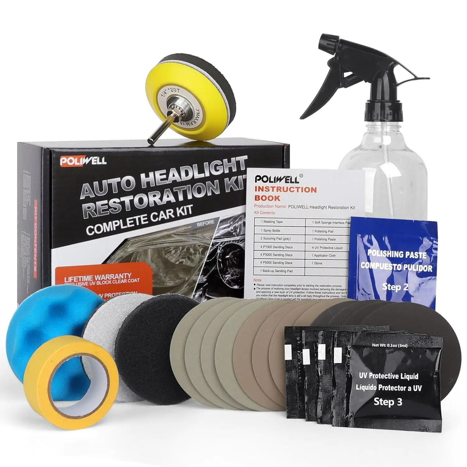 Headlight Restoration Kit 3 Steps Restore Sun Damaged Lenses Polish with Drill, 24 Pack
Headlight Restoration Kit 3 Steps Restore Sun Damaged Lenses Polish with Drill, 24 Pack