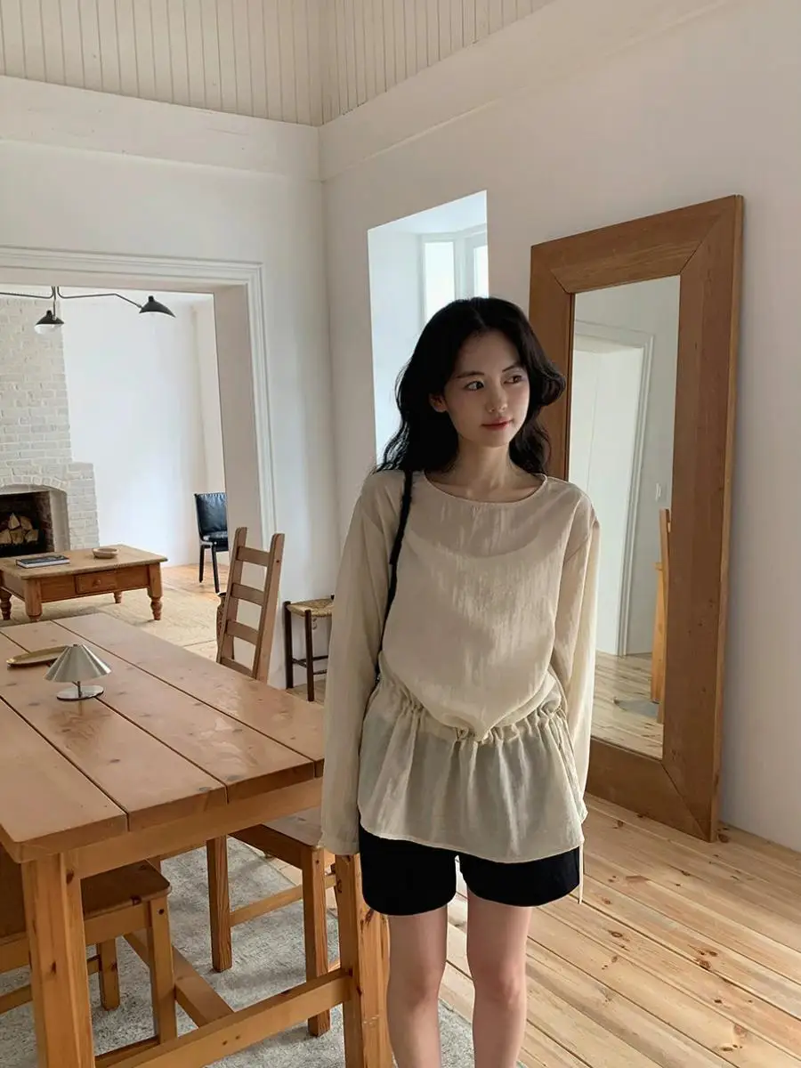 Drawstring Loose Long Sleeve round Neck Waist Cinched Babydoll Shirt Women Gentle Top Micro Elastic Nylon Summer Regular Length
Drawstring Loose Long Sleeve round Neck Waist Cinched Babydoll Shirt Women Gentle Top Micro Elastic Nylon Summer Regular Length