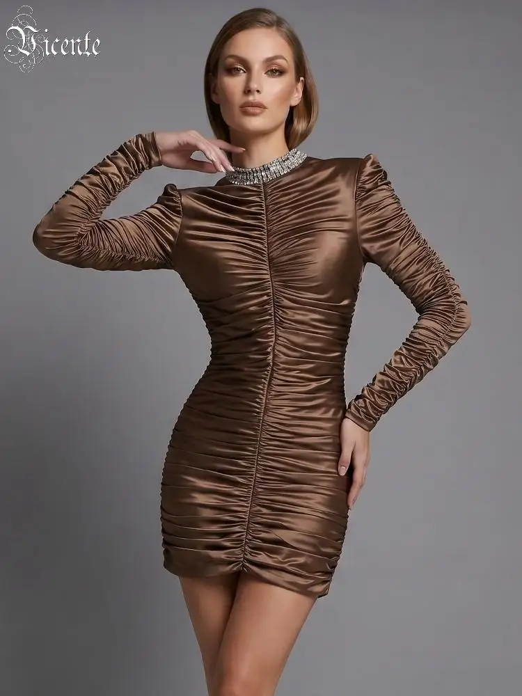 VC 2026 Sexy Brown Satin Ruched Mini Dress Women Long Sleeve Bodycon Party Gown Luxury Rhinestone Collar Cocktail Club Dress
VC 2026 Sexy Brown Satin Ruched Mini Dress Women Long Sleeve Bodycon Party Gown Luxury Rhinestone Collar Cocktail Club Dress