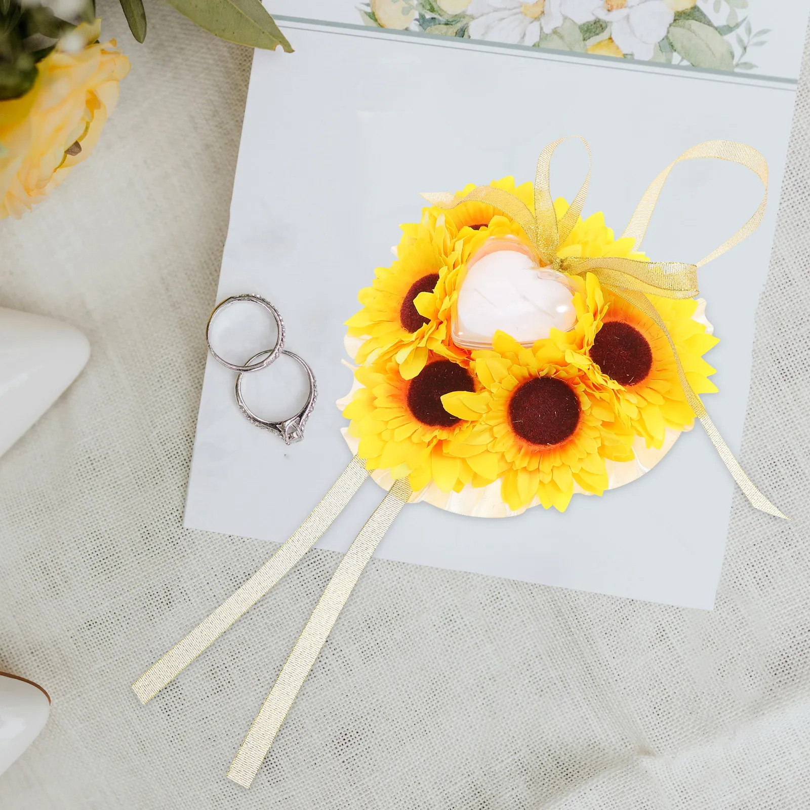 Unique Sunflower Shape Wedding Ring Pillow Yellow Soft Compact Size for Wedding Ceremony Engagement Ring Bearer Cushion
Unique Sunflower Shape Wedding Ring Pillow Yellow Soft Compact Size for Wedding Ceremony Engagement Ring Bearer Cushion