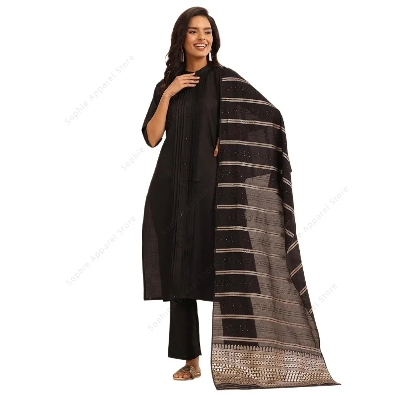 Traditional Women's Black Pleated Kurta Set with Striped Dupatta Pants Elegant Ethnic Indian Suit Daily Festive Wear Pakistani
Traditional Women's Black Pleated Kurta Set with Striped Dupatta Pants Elegant Ethnic Indian Suit Daily Festive Wear Pakistani