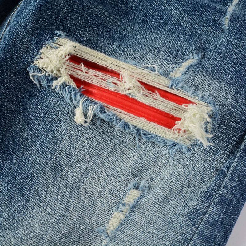 American street fashion men's blue jeans retro elastic slim fit retro ripple perforated red patch trendy brand tight tapered pan
American street fashion men's blue jeans retro elastic slim fit retro ripple perforated red patch trendy brand tight tapered pan