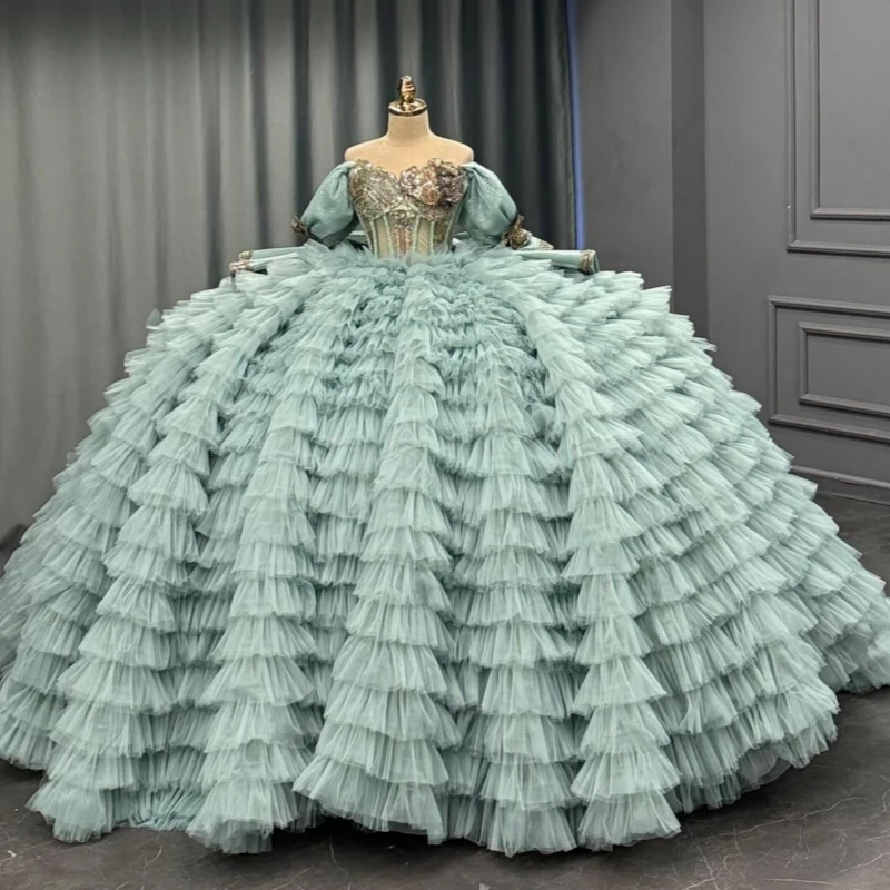 Mint Green Quinceanera Dresses Off Shoulder Ball Gown Sweet 16 Dress Applique Beading Crystal Tiered Tull Birthday Party Vestido
Mint Green Quinceanera Dresses Off Shoulder Ball Gown Sweet 16 Dress Applique Beading Crystal Tiered Tull Birthday Party Vestido