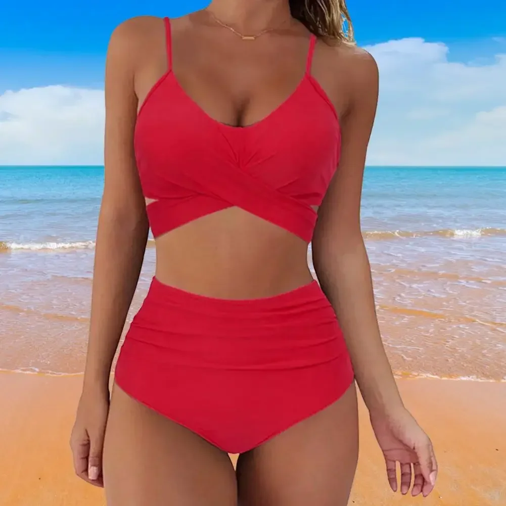 Summer Women Bikini Set Solid Color High Waist Spaghetti Strap Bra Panties Bikini Set Cross Bandage Lady Swimsuit Two Piece Set
Summer Women Bikini Set Solid Color High Waist Spaghetti Strap Bra Panties Bikini Set Cross Bandage Lady Swimsuit Two Piece Set