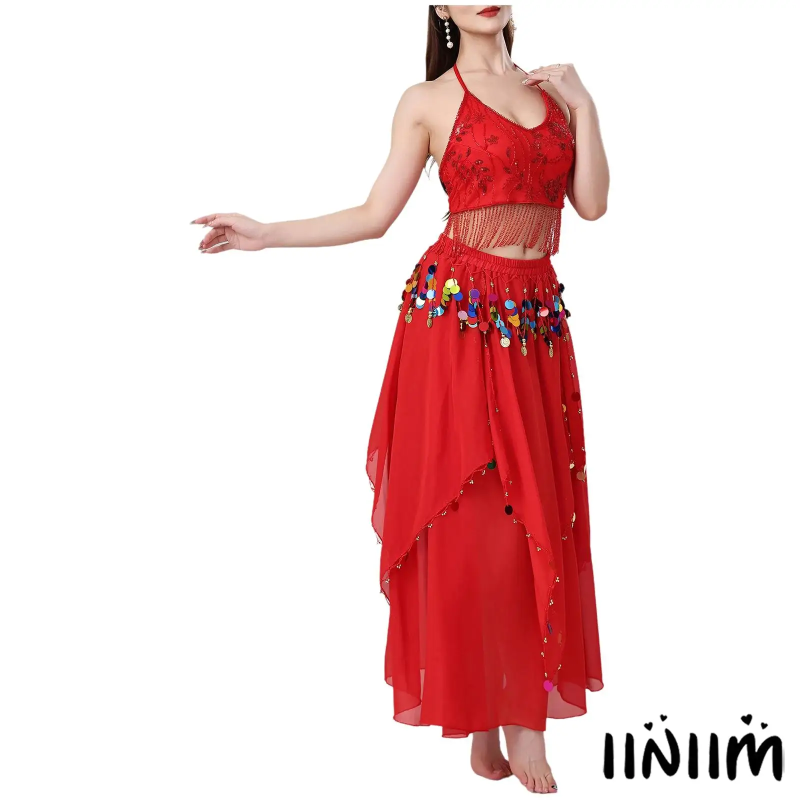 Professional Latin Belly Dance Outfit Womens Lace Up Sequin Top with Flowy Chiffon Skirt for Dance Stage Performance Competition
Professional Latin Belly Dance Outfit Womens Lace Up Sequin Top with Flowy Chiffon Skirt for Dance Stage Performance Competition