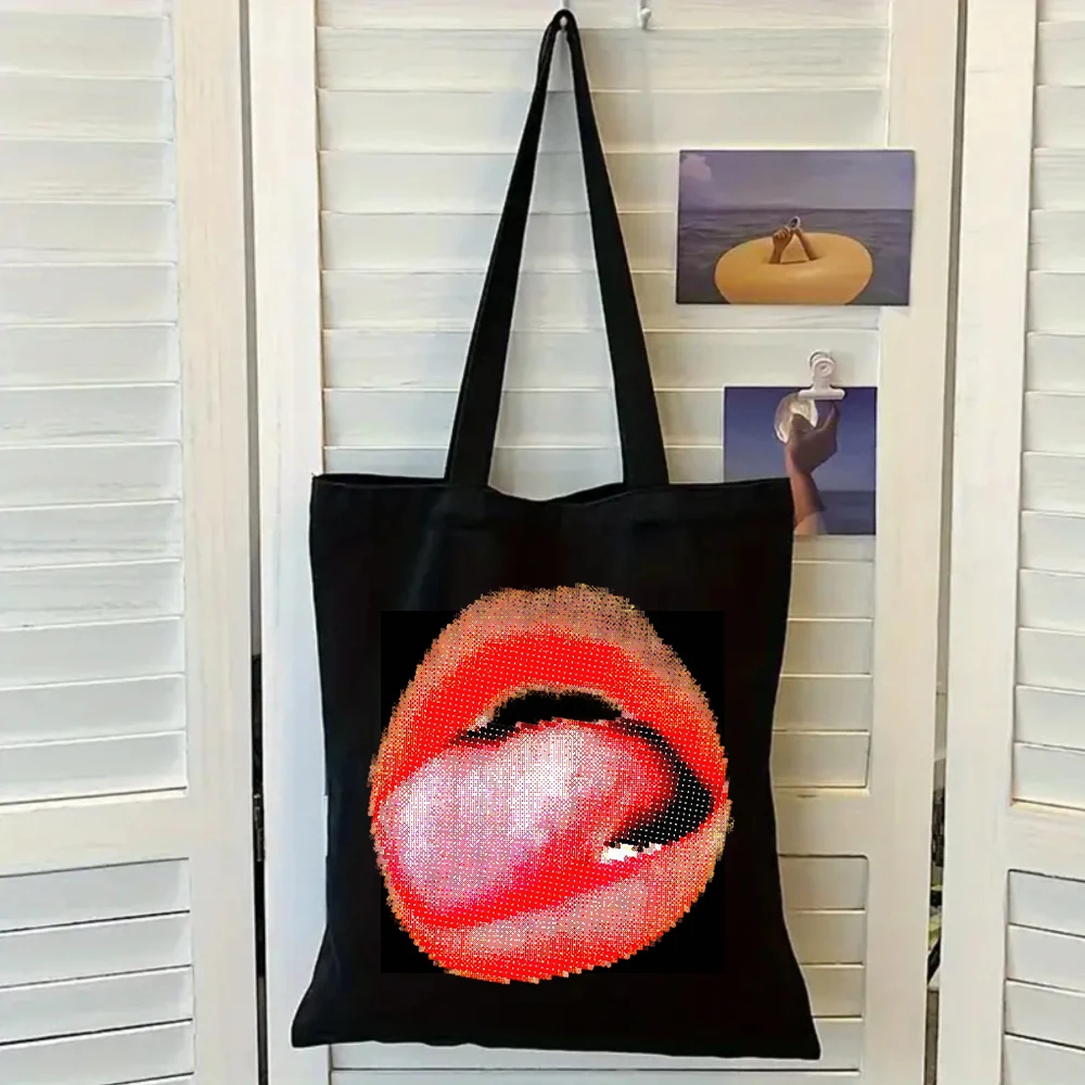 Pixel Red Lips Print Black Canvas Tote Bag, Women Shoulder Bag, Edgy Retro Handbag for Trendy Looks
Pixel Red Lips Print Black Canvas Tote Bag, Women Shoulder Bag, Edgy Retro Handbag for Trendy Looks