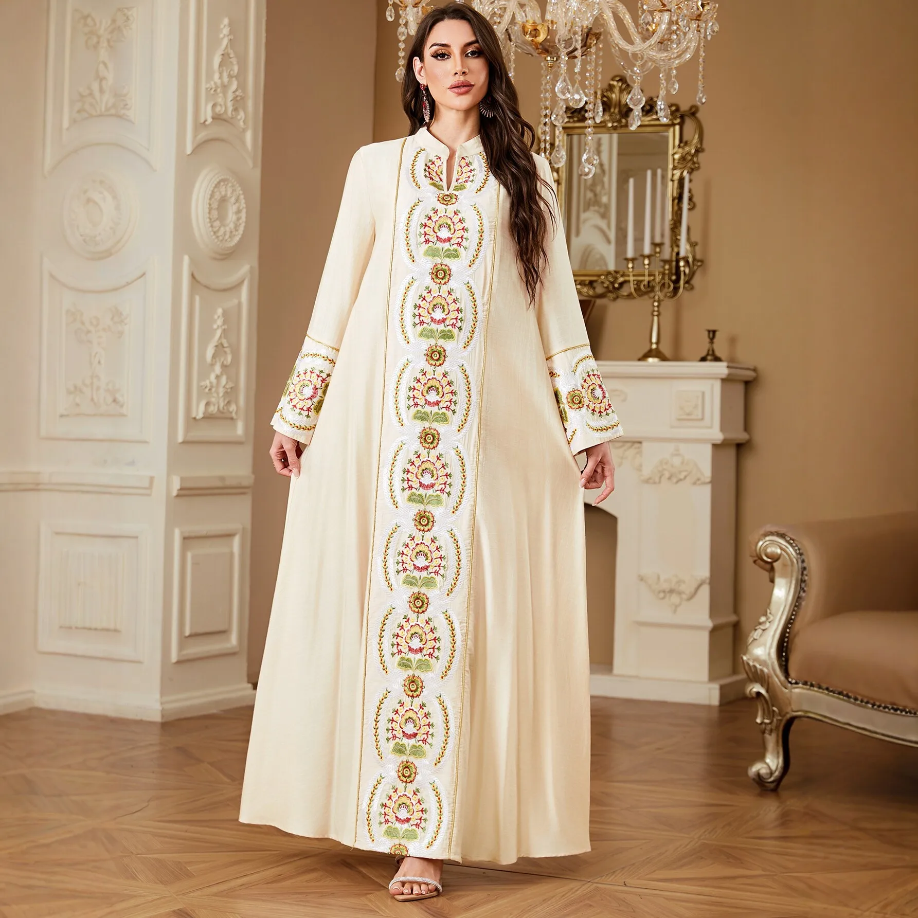 Women White Black Elegant Long Sleeve Embroidered V-neck Luxury Trendy Floor Length Dress Abaya Chic Jalabiya Female Clothes
Women White Black Elegant Long Sleeve Embroidered V-neck Luxury Trendy Floor Length Dress Abaya Chic Jalabiya Female Clothes