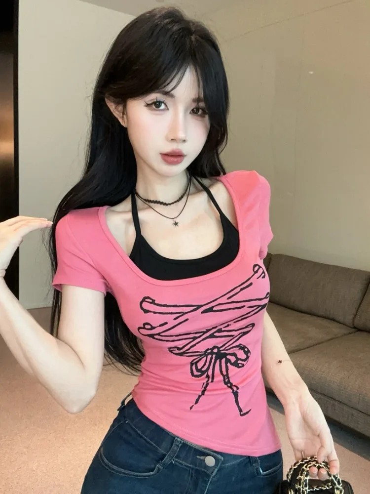 Sweet And Spicy Girl Neck Hanging Strap Print Splice Fake Two-Piece Short Sleeve T-Shirt Women Summer Asymmetrical Slim Fit S...
Sweet And Spicy Girl Neck Hanging Strap Print Splice Fake Two-Piece Short Sleeve T-Shirt Women Summer Asymmetrical Slim Fit S...