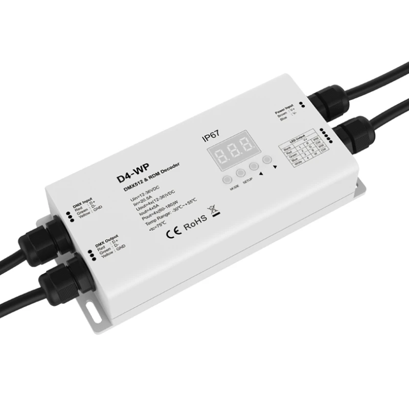 DMX512 контроллер RGBW, 4-канальный водонепроницаемый IP67 DC 12V 24V 20A цифровой дисплей DMX 512 RDM декодер для светодиодной ленты
DMX512 контроллер RGBW, 4-канальный водонепроницаемый IP67 DC 12V 24V 20A цифровой дисплей DMX 512 RDM декодер для светодиодной ленты