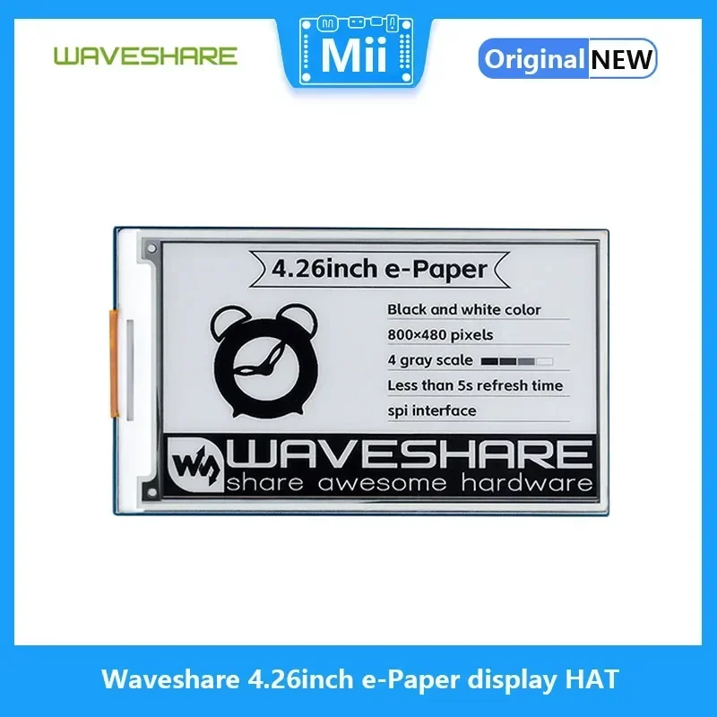 Raspberry Pi 4.26inch e-Paper display HAT, 800x480, Black/White, SPI Interface Low Power, Wide Viewing Angle
Raspberry Pi 4.26inch e-Paper display HAT, 800x480, Black/White, SPI Interface Low Power, Wide Viewing Angle