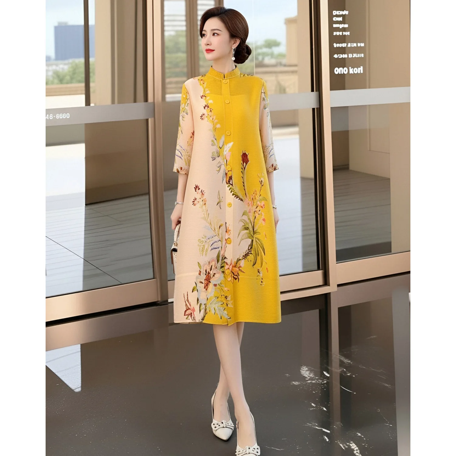 Miyake Pleated Dress Women 2026 New Fashion Plant Flower Print Stand Collar Three-quarter Sleeves Loose Elegant Mid-length Skirt
Miyake Pleated Dress Women 2026 New Fashion Plant Flower Print Stand Collar Three-quarter Sleeves Loose Elegant Mid-length Skirt