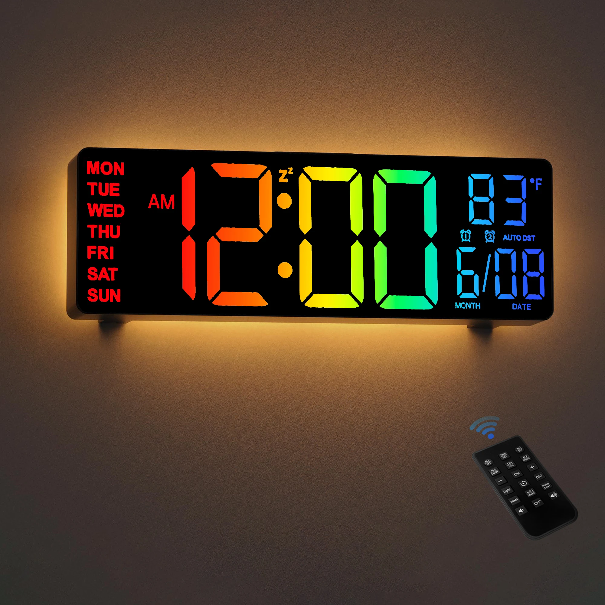 10.5" Digital Wall Clock, LED Display with Remote, Auto DST, Temperature for Living Room, Bedroom, Kitchen
10.5" Digital Wall Clock, LED Display with Remote, Auto DST, Temperature for Living Room, Bedroom, Kitchen