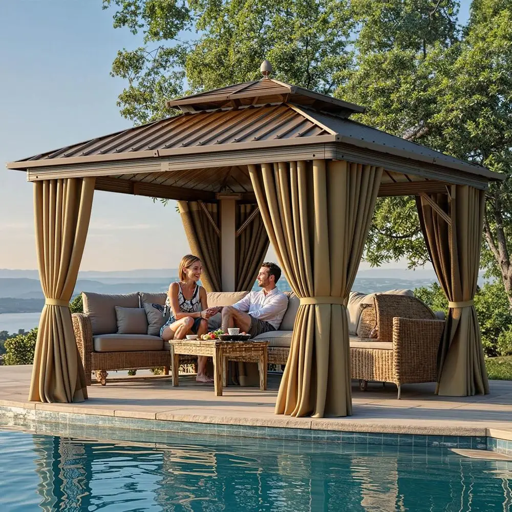 10x10t Hardtop Gazebo with Nettings and Curtains, e Heavy Duty Double Roo Galvanized Steel Outdoor or Patio, Backyard, Deck (Bro
10x10t Hardtop Gazebo with Nettings and Curtains, e Heavy Duty Double Roo Galvanized Steel Outdoor or Patio, Backyard, Deck (Bro
