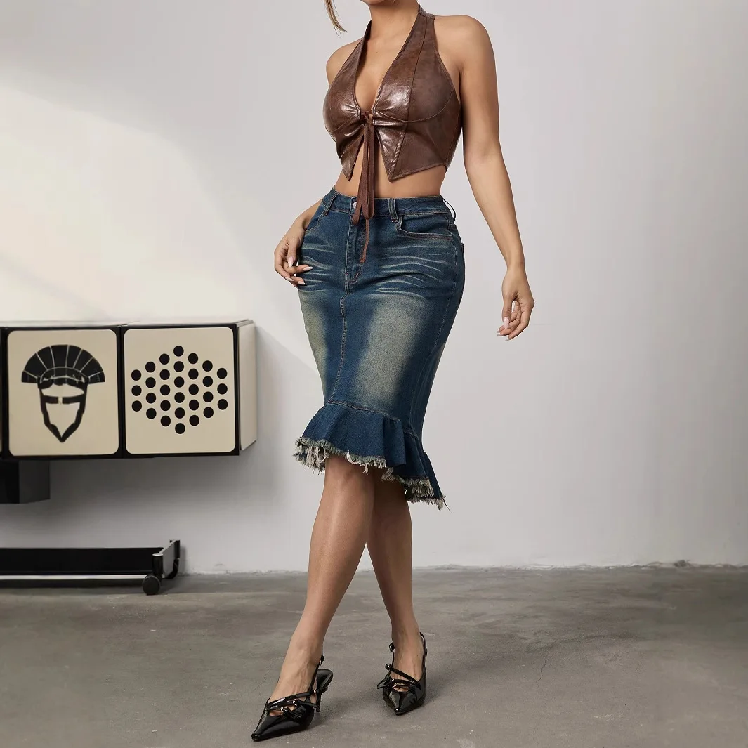 Популярная джинсовая юбка-рыбий хвост с высокой талией для девочек. Новая модная и тонкая юбка до половины тела в стиле ретро для женщин весной и летом 
Популярная джинсовая юбка-рыбий хвост с высокой талией для девочек. Новая модная и тонкая юбка до половины тела в стиле ретро для женщин весной и летом