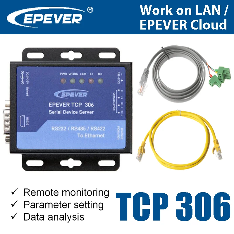 EPEVER TCP 306, последовательный порт, сетевой сервер, модуль преобразования Ethernet, последовательный порт для солнечного контроллера, регулятор, инвертор
EPEVER TCP 306, последовательный порт, сетевой сервер, модуль преобразования Ethernet, последовательный порт для солнечного контроллера, регулятор, инвертор