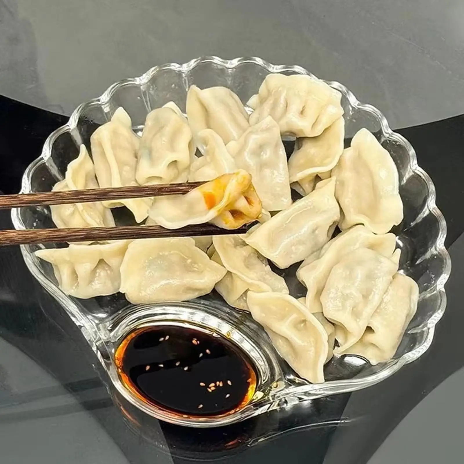 Glass Dumpling Plate with Sauce Compartment Serving Platter for Home Kitchen and Appetizers
Glass Dumpling Plate with Sauce Compartment Serving Platter for Home Kitchen and Appetizers