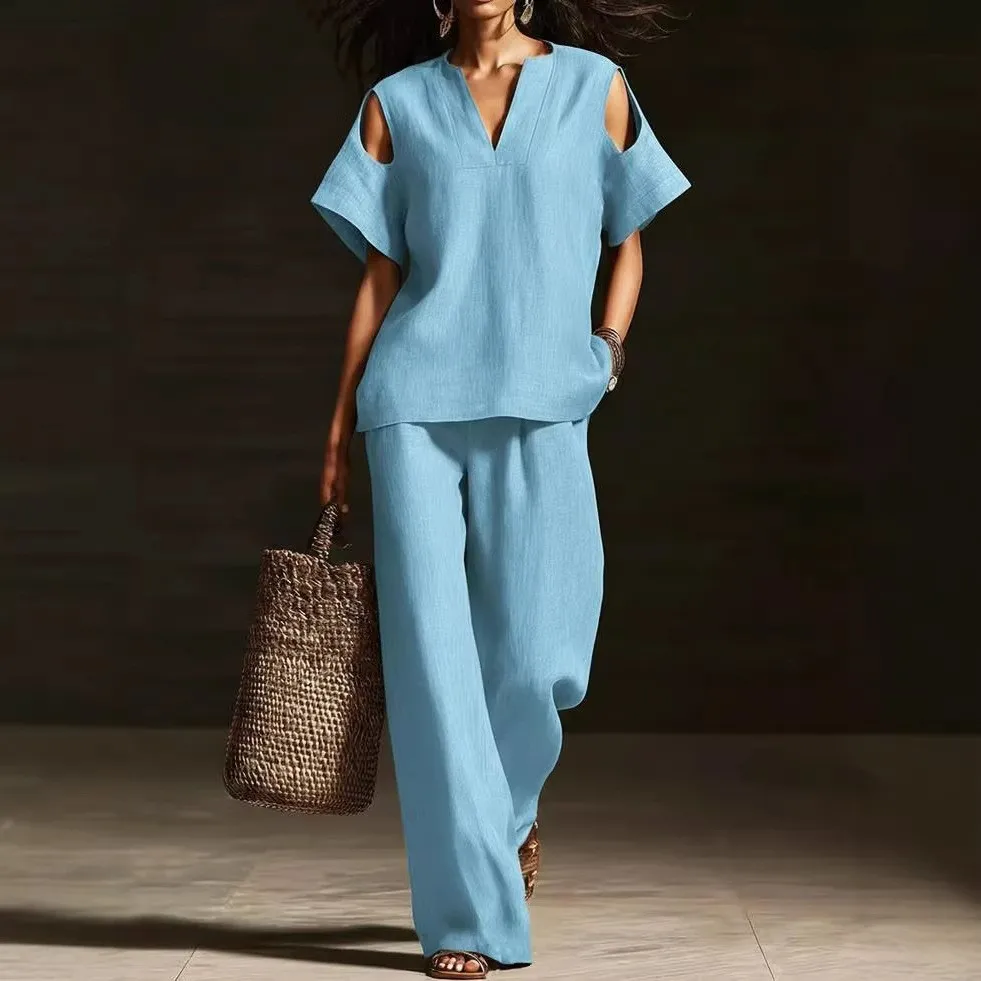 2 Pieces Set For Woman Pants V Neck Top Wide Leg Trousers Casual Long Pants Light Blue Loose Fit Women's 2-piece Set Pants
2 Pieces Set For Woman Pants V Neck Top Wide Leg Trousers Casual Long Pants Light Blue Loose Fit Women's 2-piece Set Pants