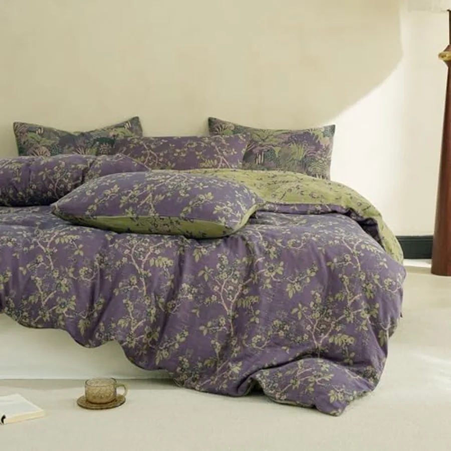 Muslin Duvet Cover Set Queen Size, 100% Washed Cotton 3 Pieces Yarn-Dyed Vintage Purple Floral Jacquard Textured Bedding, Soft
Muslin Duvet Cover Set Queen Size, 100% Washed Cotton 3 Pieces Yarn-Dyed Vintage Purple Floral Jacquard Textured Bedding, Soft