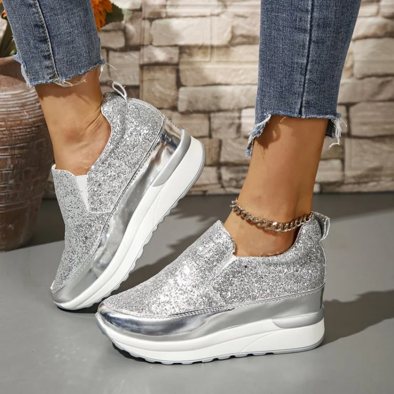 Silver Sequins Wedge Sneakers Women Fashion Slip On Thick Bottom Vulcanized Shoes Woman New Height Increasing Casual Shoes 42
Silver Sequins Wedge Sneakers Women Fashion Slip On Thick Bottom Vulcanized Shoes Woman New Height Increasing Casual Shoes 42