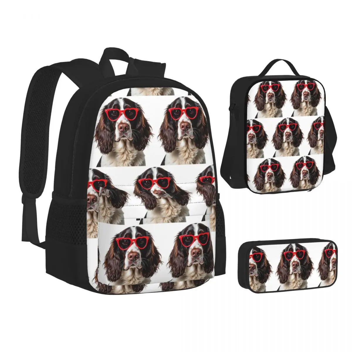 English Springer Spaniel Dog Wearing A Heart Shape Sunglasses Backpacks Bookbag School Bags Lunch Bag Pen Bag Three-Piece Set
English Springer Spaniel Dog Wearing A Heart Shape Sunglasses Backpacks Bookbag School Bags Lunch Bag Pen Bag Three-Piece Set