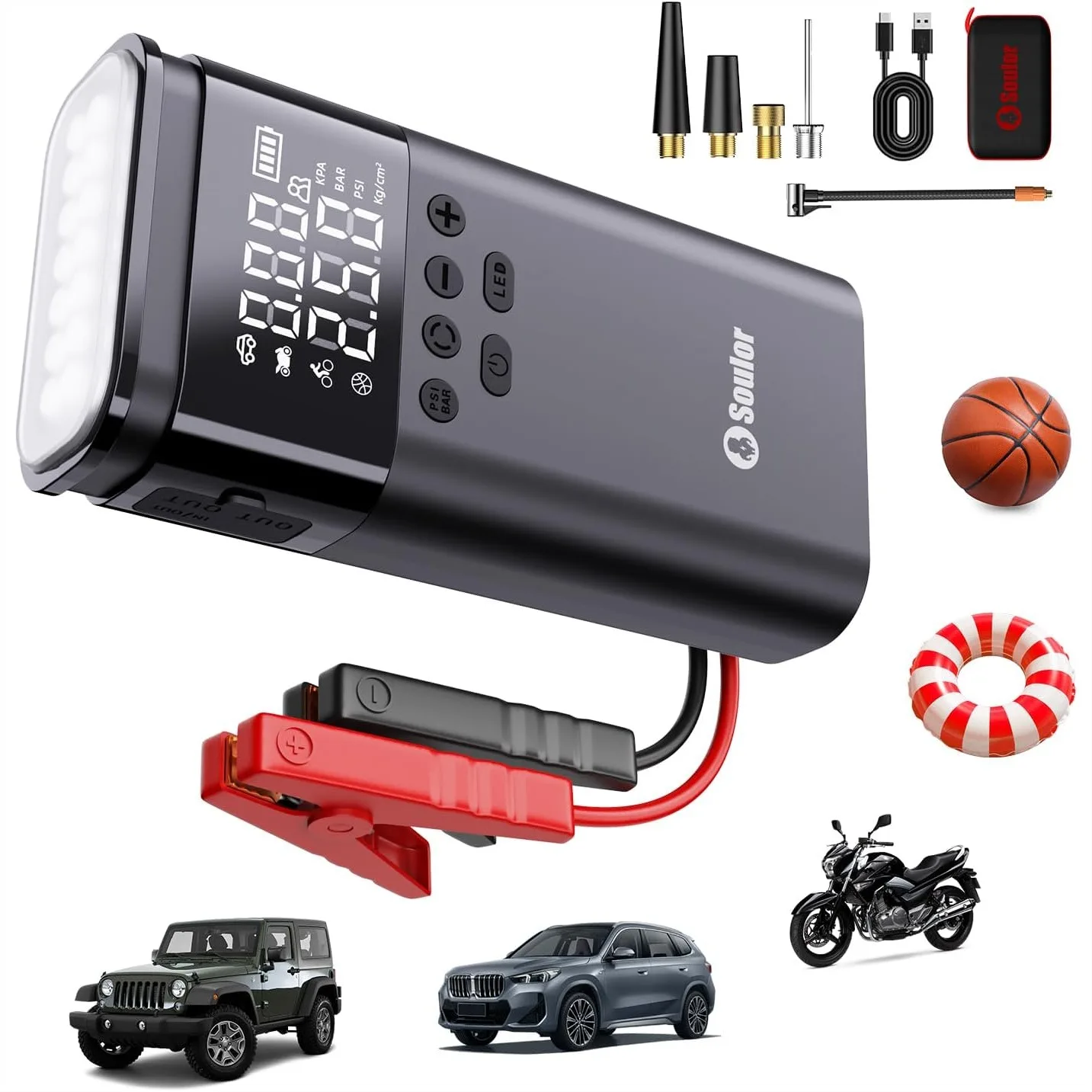 6000A Jump Starter with Air Compressor, 150PSI Tire Inflator, 12V Portable Car Jump Box for All Gas and 14L Diesel Engines
6000A Jump Starter with Air Compressor, 150PSI Tire Inflator, 12V Portable Car Jump Box for All Gas and 14L Diesel Engines