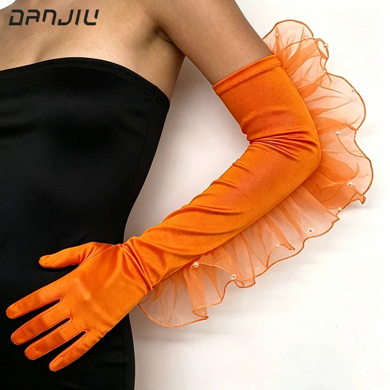 55CM Women Long Satin Gloves Tulle Ruffle Pearl Trim Opera Stage Performance Runway Show Fashion Personality Wedding Cosplay
55CM Women Long Satin Gloves Tulle Ruffle Pearl Trim Opera Stage Performance Runway Show Fashion Personality Wedding Cosplay