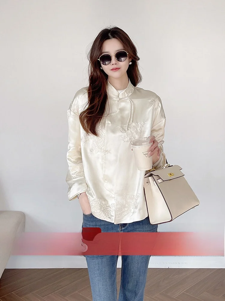 Korean Style Long Sleeve Stand Collar Embroidered Acetate Shirt Women's Early Autumn New Style Top Fashion Commute Wind
Korean Style Long Sleeve Stand Collar Embroidered Acetate Shirt Women's Early Autumn New Style Top Fashion Commute Wind