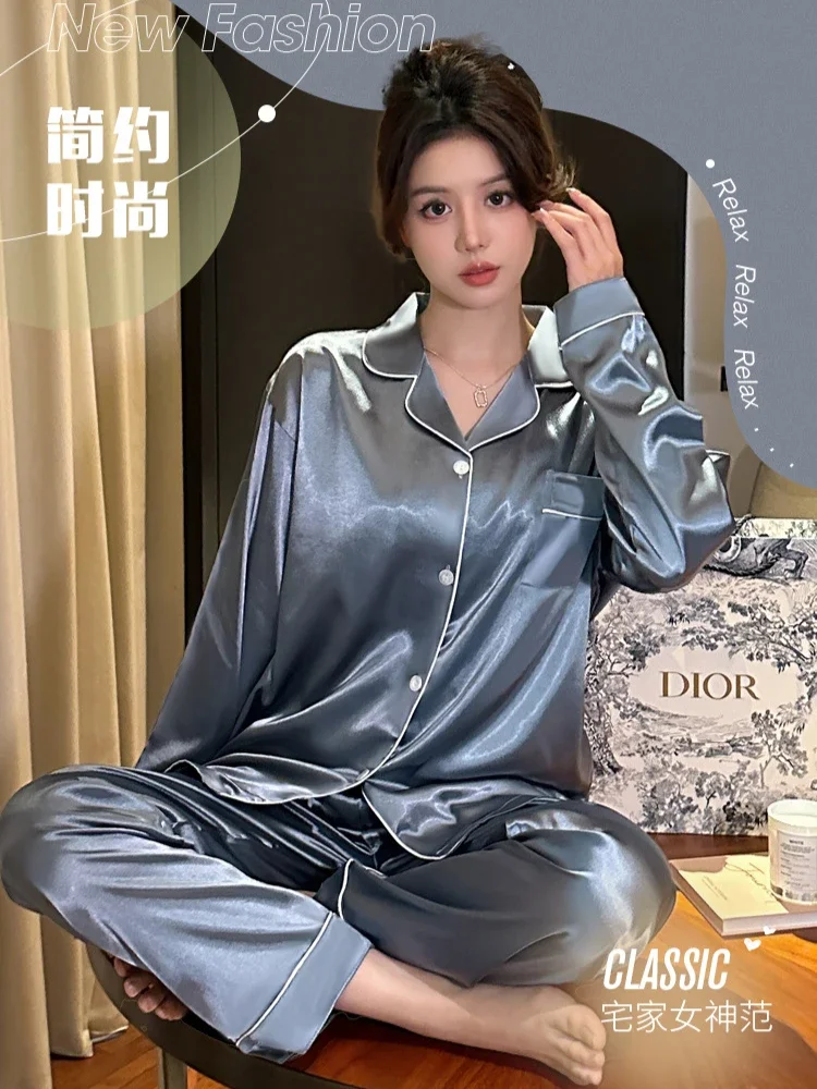 Large Size Satin Silky Pajamas Women Spring Solid Long-sleeved Cardigan Trousers Two-piece Set Sleepwear Home Clothes Loungewear
Large Size Satin Silky Pajamas Women Spring Solid Long-sleeved Cardigan Trousers Two-piece Set Sleepwear Home Clothes Loungewear