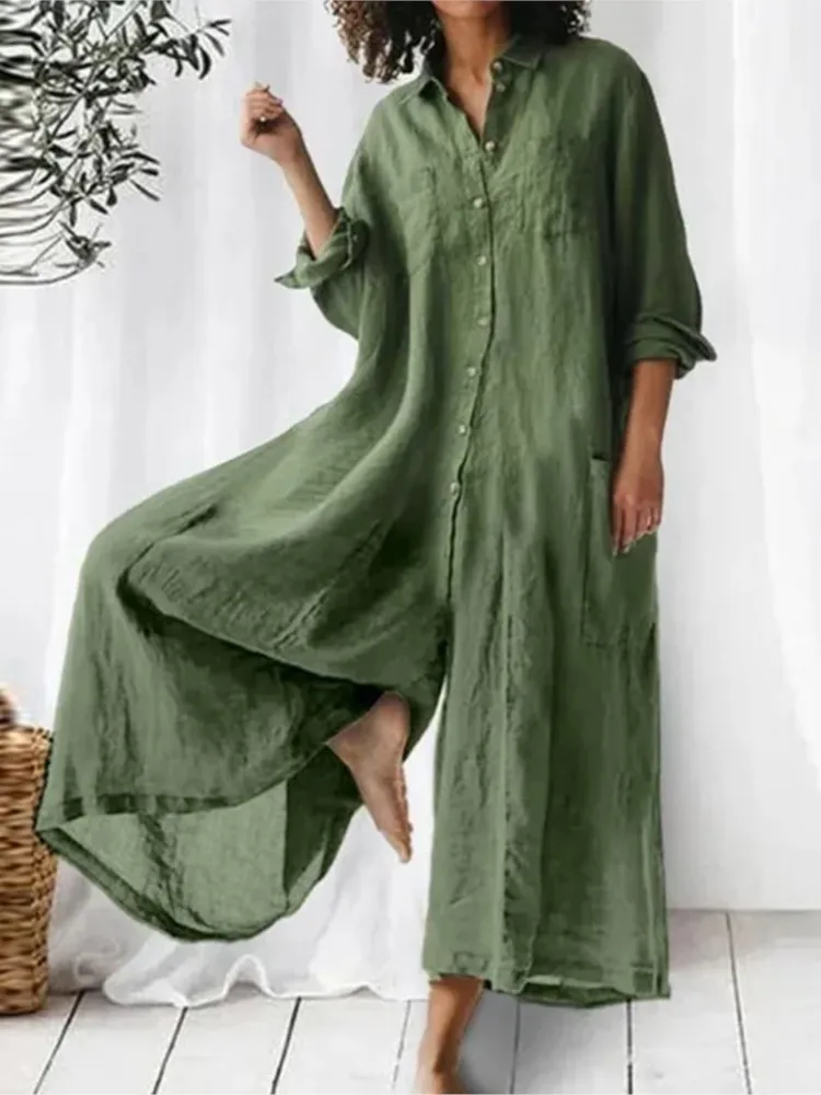 Women Jumpsuit Long Sleeves Button Lapel Wide Legs Pants Jumpsuits Female Casual Loose Vintage Ladies Shirt Jumpsuit Summer 2025
Women Jumpsuit Long Sleeves Button Lapel Wide Legs Pants Jumpsuits Female Casual Loose Vintage Ladies Shirt Jumpsuit Summer 2025