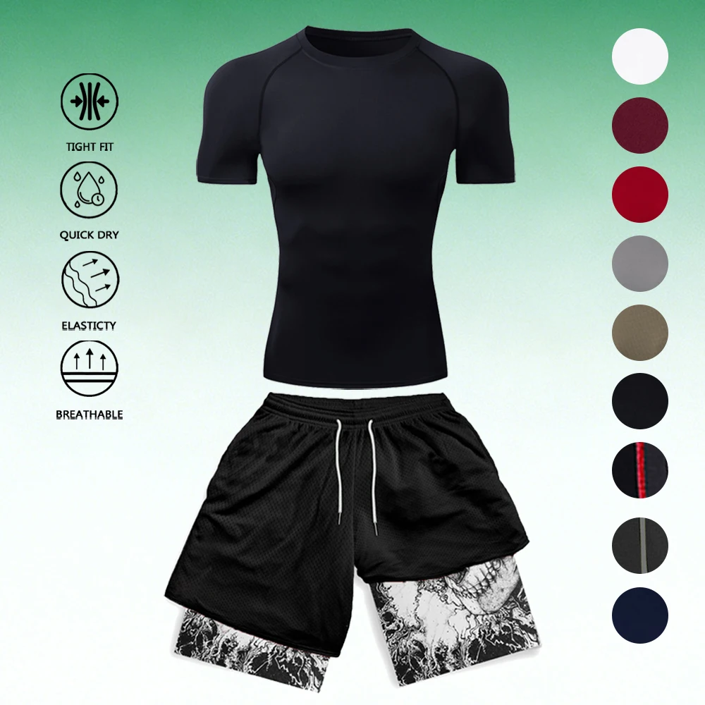 Men's Compression Workout T-Shirt + 3D Skull Print Double Layer Shorts Set Quick Dry Breathable Gym Running Training Suit
Men's Compression Workout T-Shirt + 3D Skull Print Double Layer Shorts Set Quick Dry Breathable Gym Running Training Suit