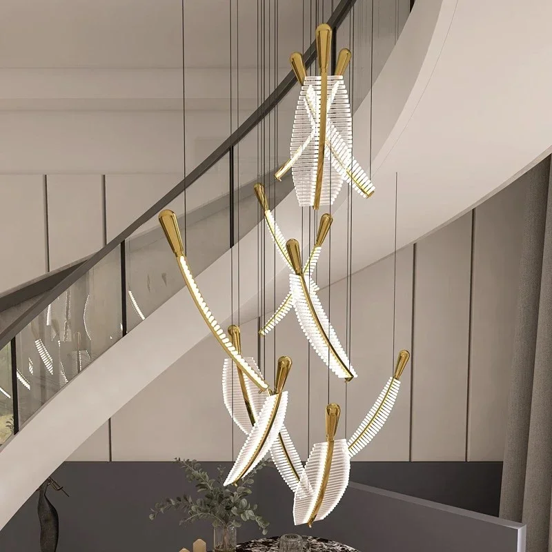 Long modern led chandelier for staircase luxury feather design hang crystal light fixture large home decor hall gold lamps
Long modern led chandelier for staircase luxury feather design hang crystal light fixture large home decor hall gold lamps