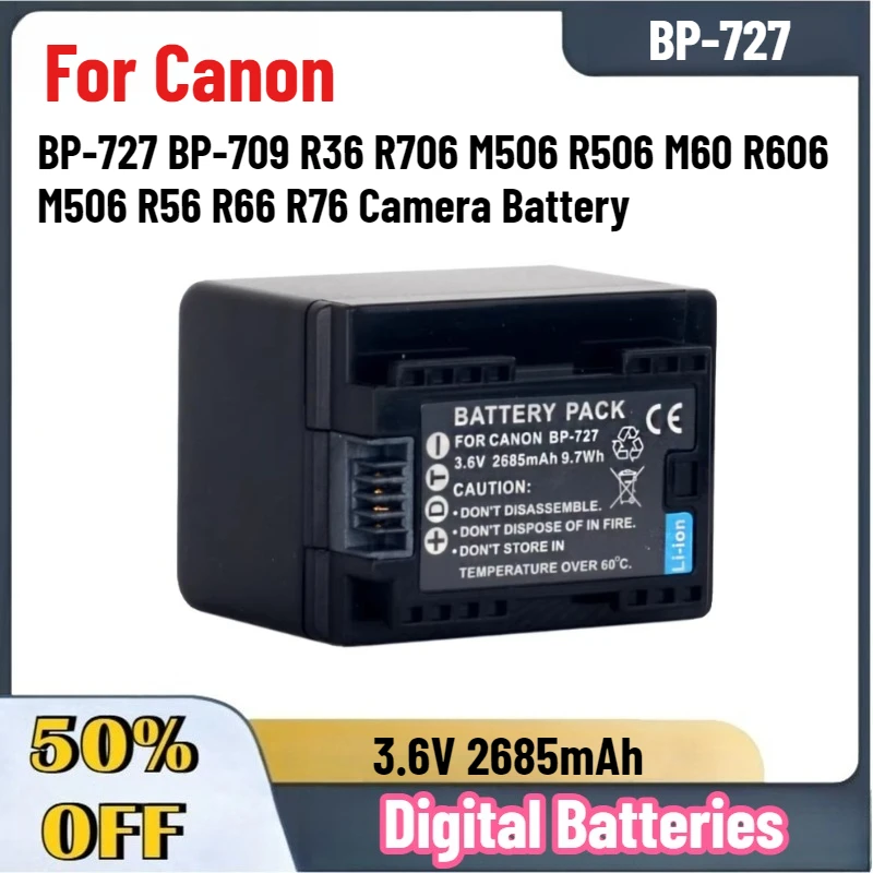 High-Quality 3.6V 2685mAh BP-727 Battery for Canon BP-727 BP-709 R36 R706 M506 R506 M60 R606 M506 R56 R66 R76 Camera Battery
