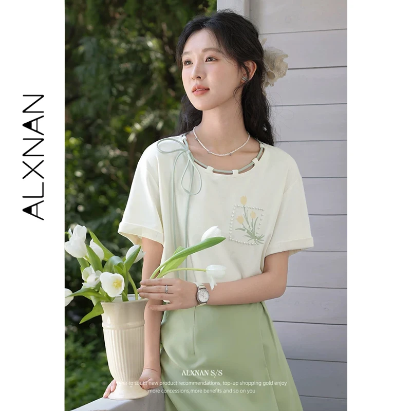ALXNAN Women's T-shirt Lace-up Printed Beaded Design T-shirts Summer Casual Elegant Loose-fit Short Sleeve Tops Ladies L55919
ALXNAN Women's T-shirt Lace-up Printed Beaded Design T-shirts Summer Casual Elegant Loose-fit Short Sleeve Tops Ladies L55919