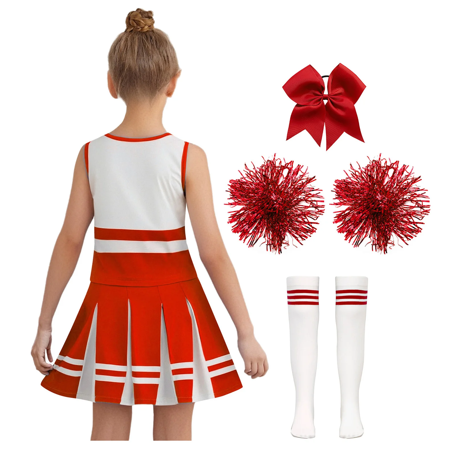 Kids Girls Cheer Leader Costume Student Cosplay Sets Top and Pleated Skirt Suit with Bowknot Hair Ties Flower Ball Striped Socks
Kids Girls Cheer Leader Costume Student Cosplay Sets Top and Pleated Skirt Suit with Bowknot Hair Ties Flower Ball Striped Socks