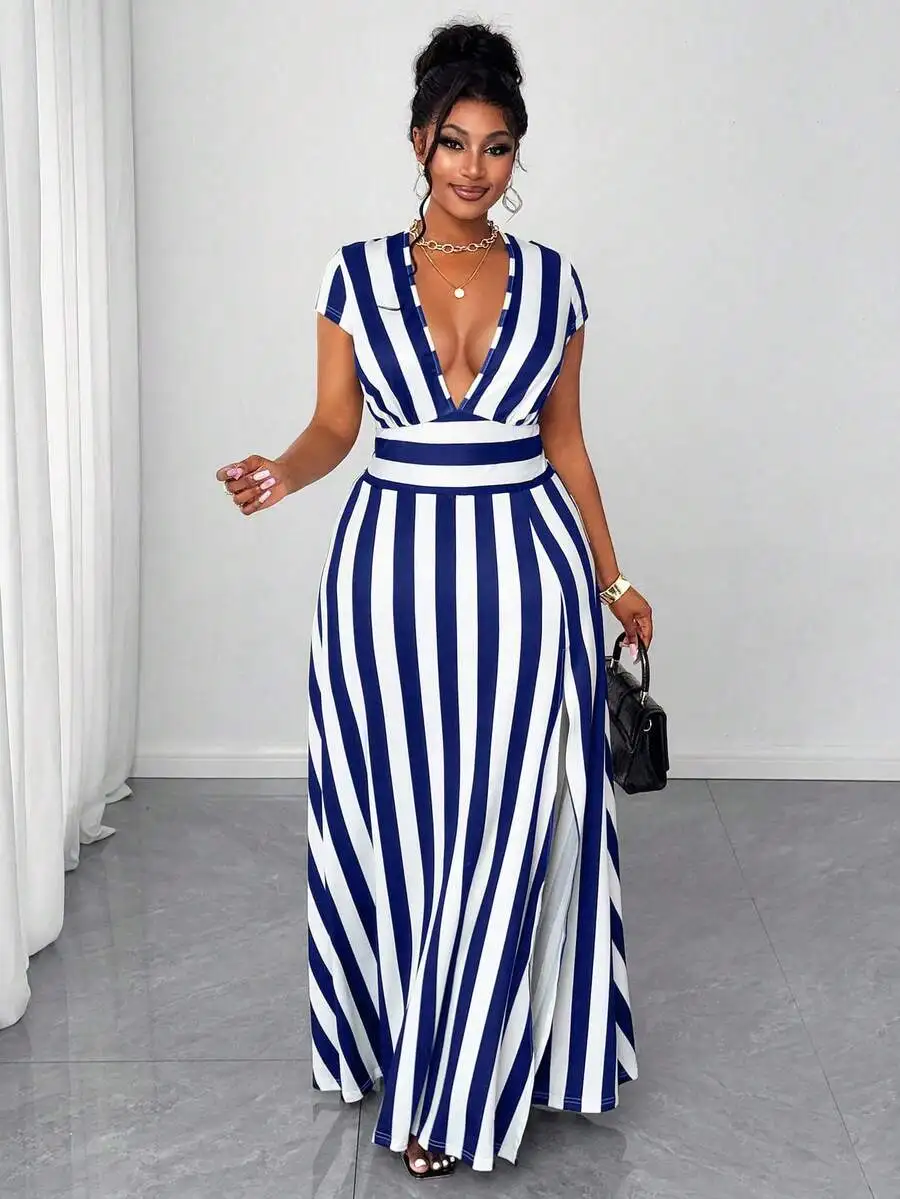 Plus Size Women Summer Sexy Vacation Deep V-Neck Cap Sleeve Striped Maxi Dress
Plus Size Women Summer Sexy Vacation Deep V-Neck Cap Sleeve Striped Maxi Dress