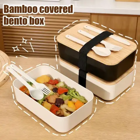 Boîte à bento pratique anti-fuite avec couvercle en bambou, boîte à lunch résistante à la chaleur, chauffable, pour pique-nique en plein air, bureau, école