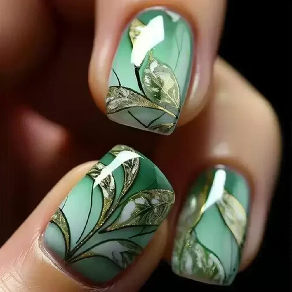 24Pcs Short Square Press On Nails, Green & Gold Leaf Design Full Cover Acrylic False Nails with Glue
24Pcs Short Square Press On Nails, Green & Gold Leaf Design Full Cover Acrylic False Nails with Glue
